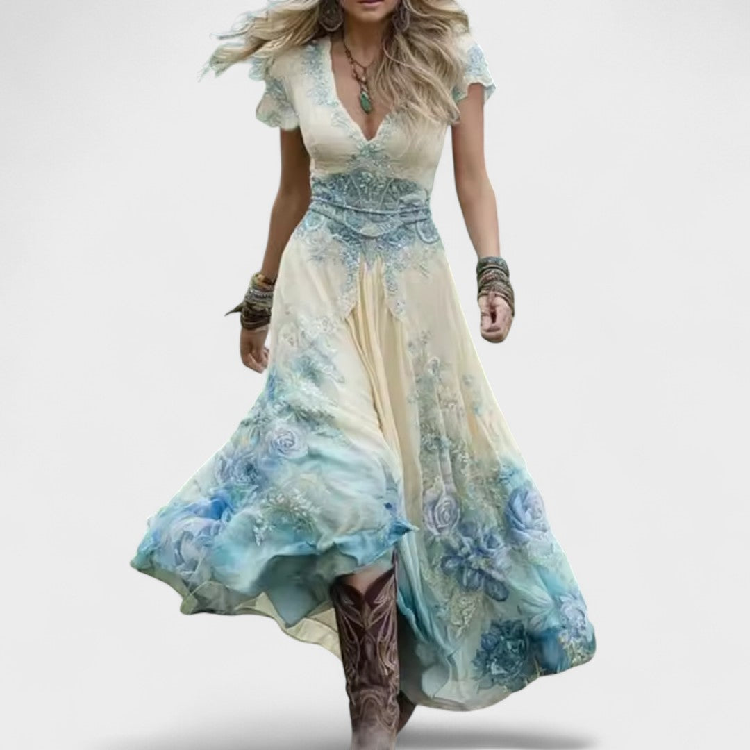 Celeste - Vestido floral ajustado e fluido